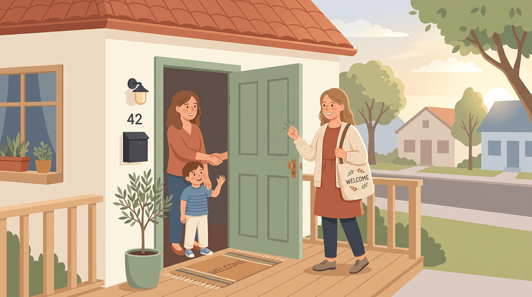 A teacher knocks on a front door while a parent and child welcome her inside.