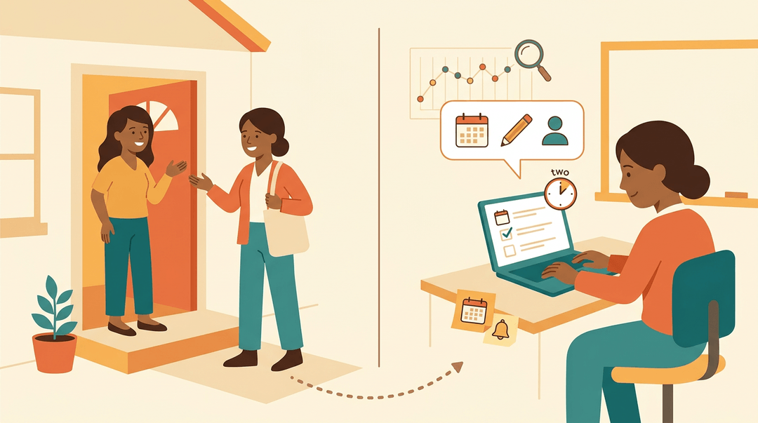 A teacher chats with a parent at home, then records notes on a laptop in class to track student progress.