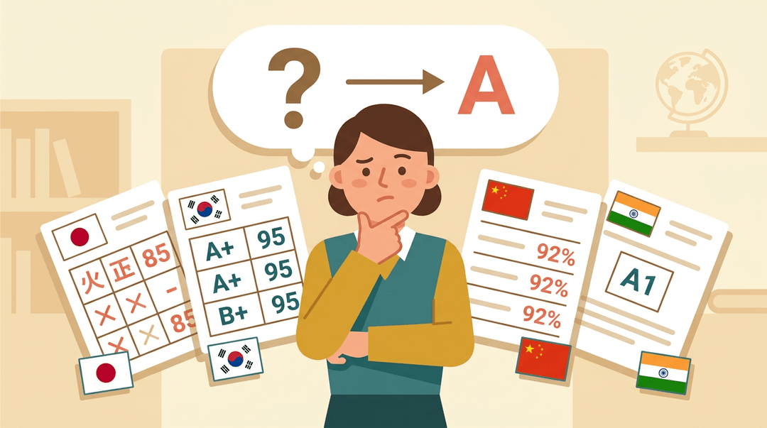 A confused teacher compares foreign report cards with US grades, pondering how to translate scores between different education systems.