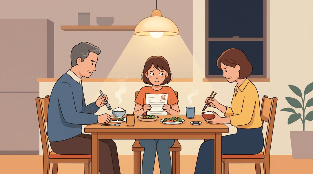 A ninth grader holds an 88 test paper at a tense family dinner while parents eat in silence.