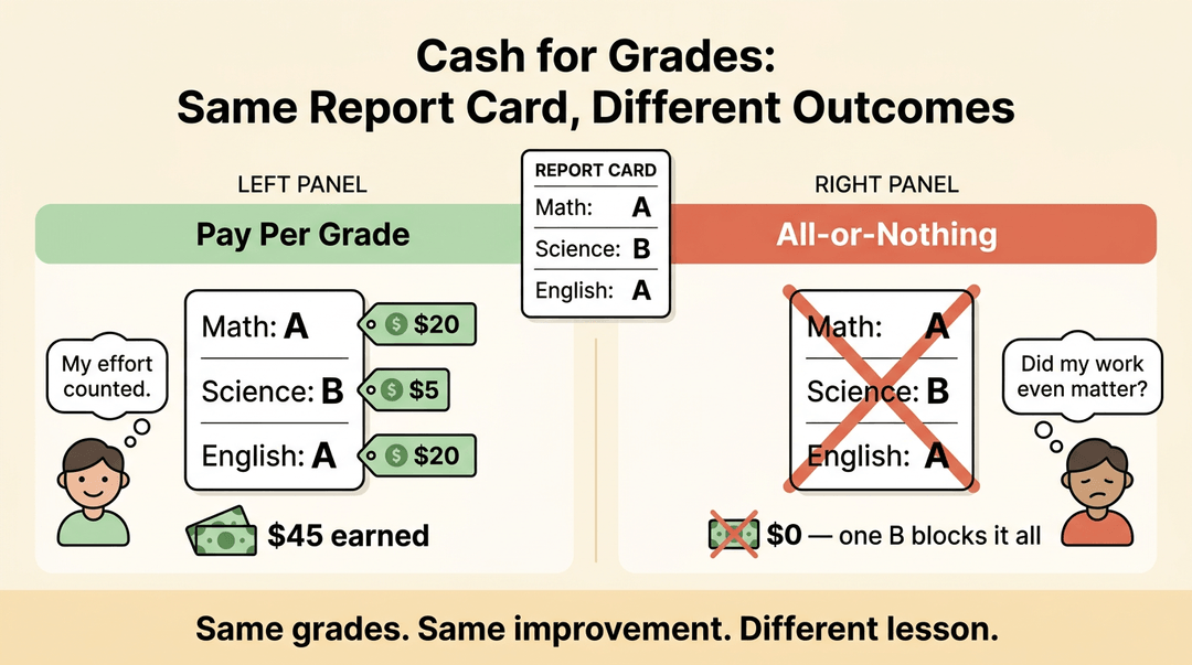 Infographic contrasting cash-for-grades rewards with an all-or-nothing system using a single report card to show different student outcomes.