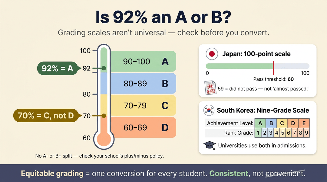 Infographic showing a grading scale where 92% is an A and 70% is a C, contrasting with international systems like Japan and South Korea.