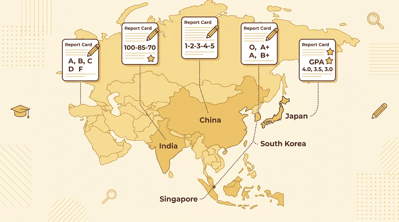 Map of Asia with dotted lines connecting five countries to floating report cards showing their unique grading systems.