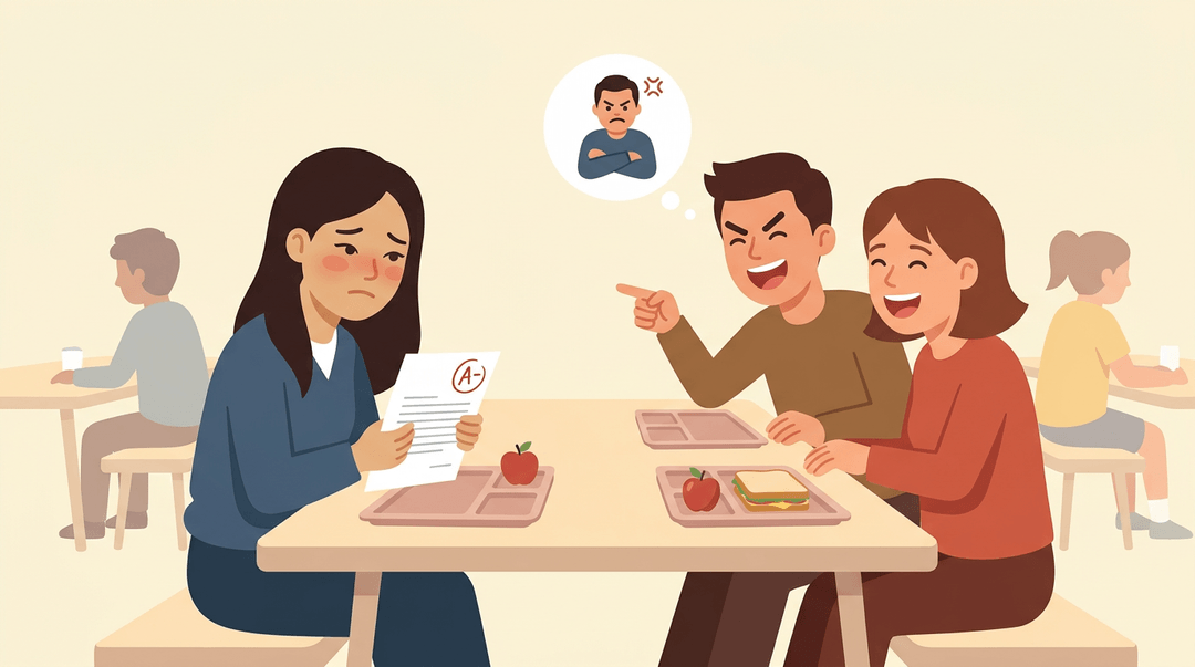 A Korean-American girl looks upset over a test grade while classmates mock her with exaggerated parental gestures.