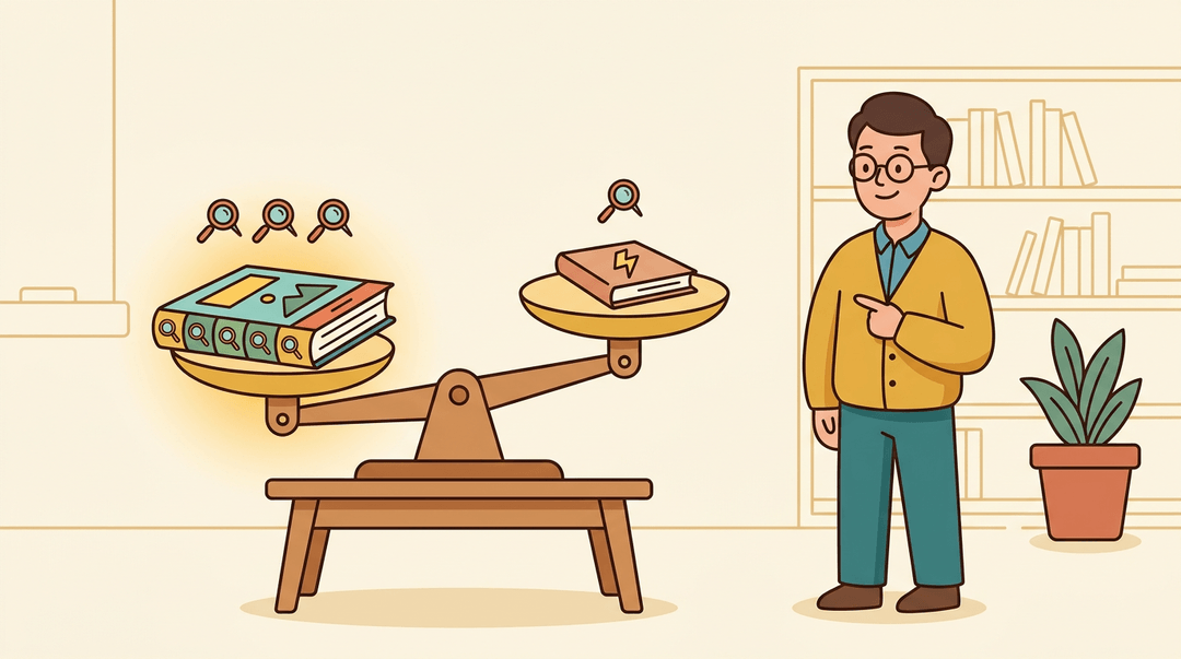 A teacher points to a heavy book with practice icons on a balance scale, outweighing a thin book with one icon.