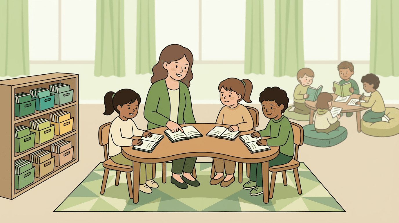 Teacher guides small group reading at a table while students work independently nearby with color-coded book bins.