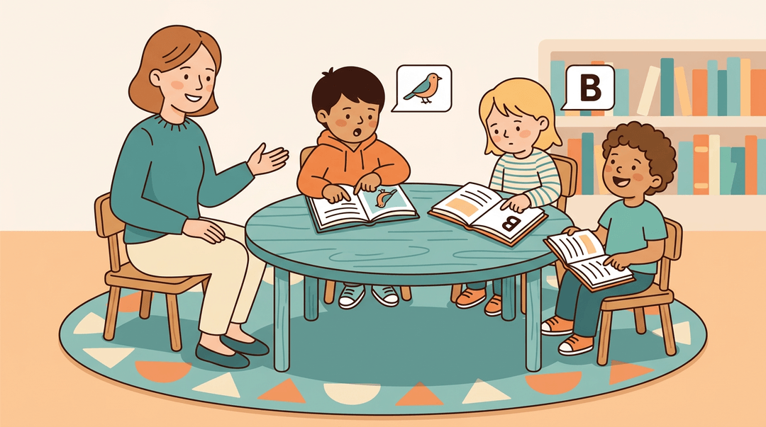 A teacher encourages three students reading books in a cozy classroom corner.