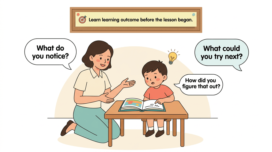 Teacher guides student with questions like 'What do you notice?' while child points to a book, illustrating inquiry-based learning.