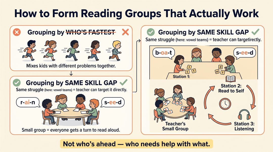 Infographic showing how to form effective reading groups by skill gap rather than speed, including a small group table and rotating stations.