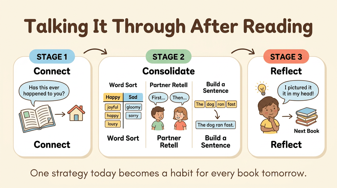A flowchart titled 'Talking It Through After Reading' shows three stages: Connect, Consolidate, and Reflect.