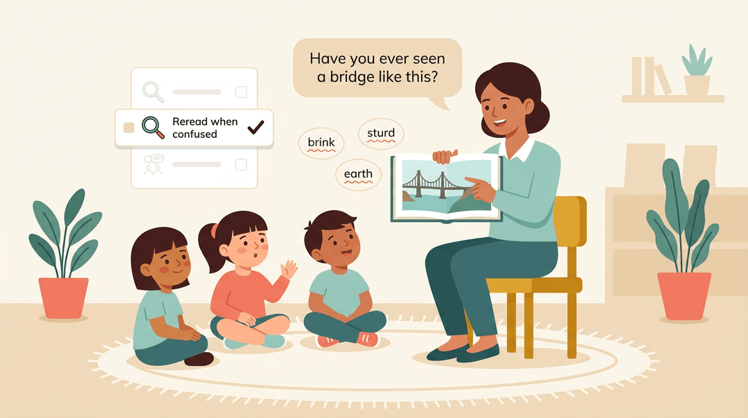 Teacher reads a book about bridges to children, highlighting the strategy to reread when confused.