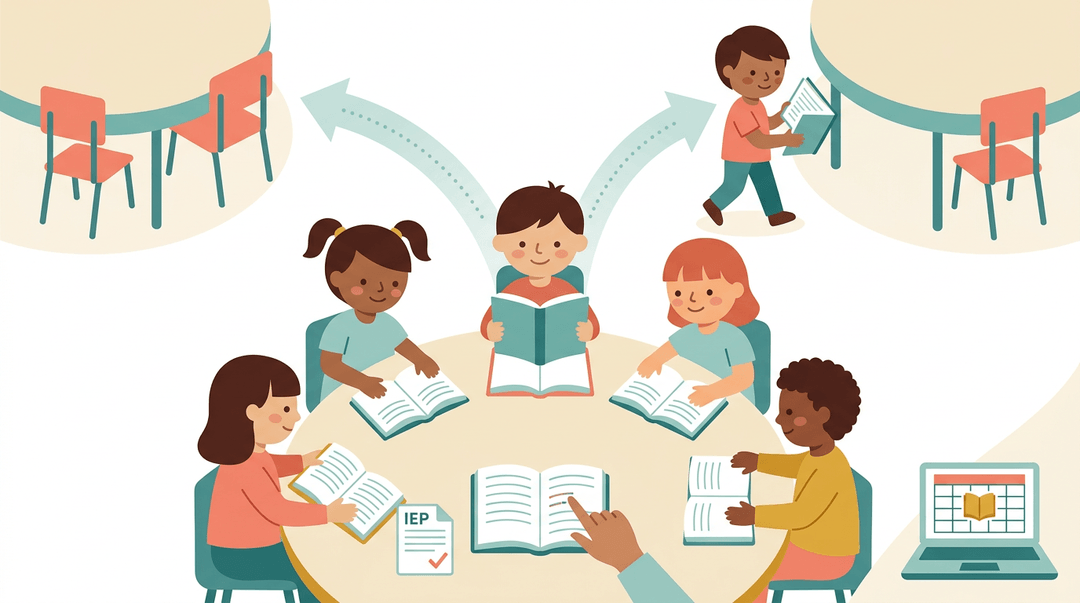 Diverse students reading at tables with a teacher providing support, illustrating flexible regrouping and inclusive learning.