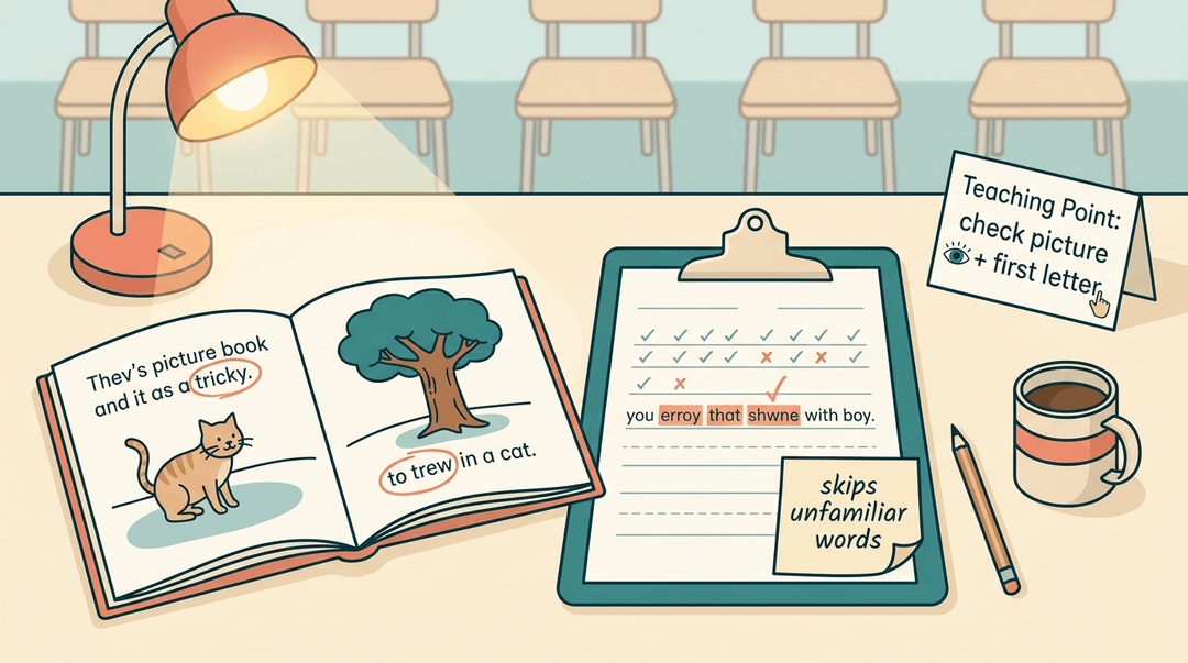 A teacher's desk features a book with circled words, a reading record sheet, and teaching notes for upcoming students.