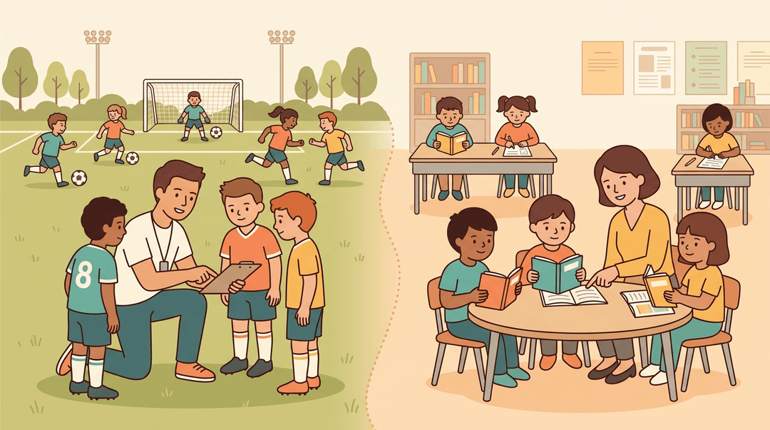 Split scene showing a soccer coach guiding players and a teacher guiding students in reading, illustrating parallel mentorship styles.