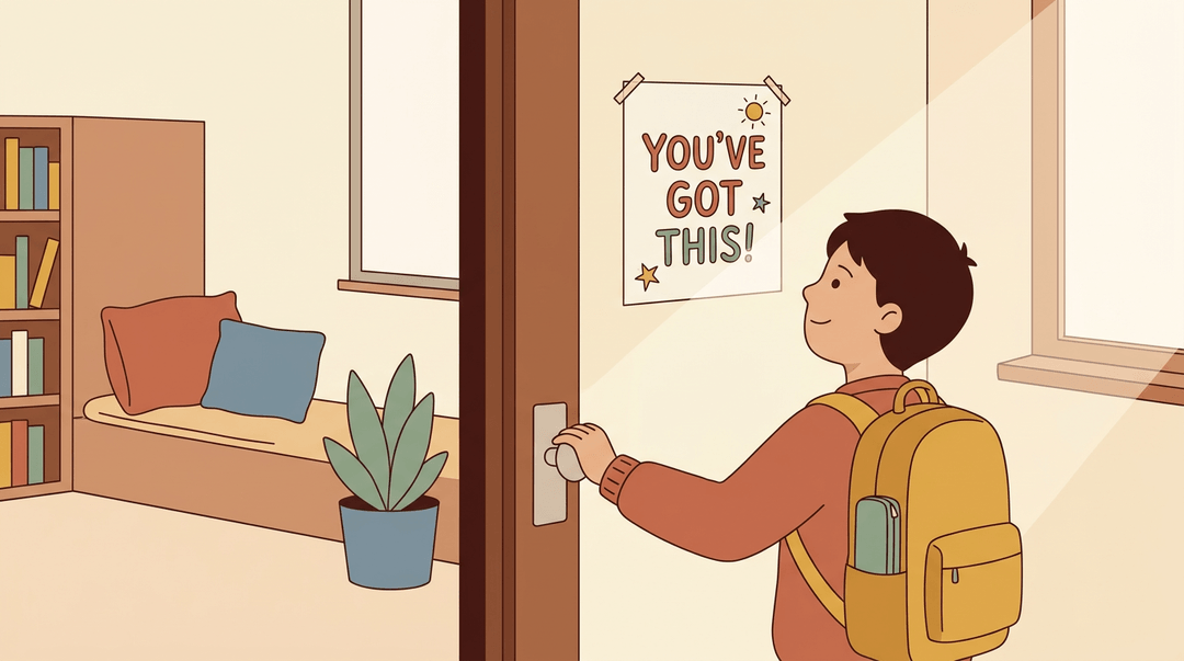 A young student with a backpack looks hopefully at a