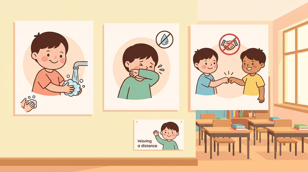 Three colorful posters on a classroom wall show kids washing hands, covering coughs, and fist-bumping.