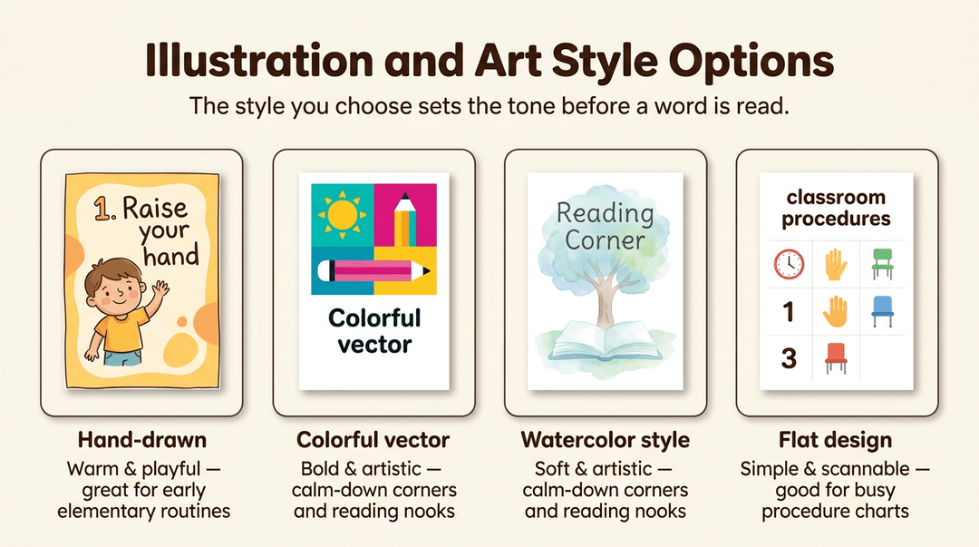 A 2x2 grid features four framed poster mockups showcasing different art styles for educational materials.