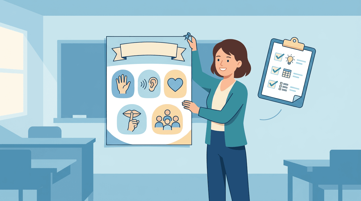 A teacher pins up a classroom rules poster with five icons, beside a floating clipboard checklist.