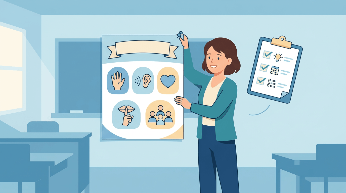 A teacher pins up a classroom rules poster with five icons, beside a floating clipboard checklist.