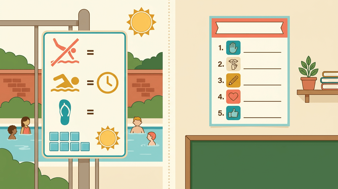 Two complementary flat-vector scenes contrasting pool rules with classroom rules, using icons on signs and posters.
