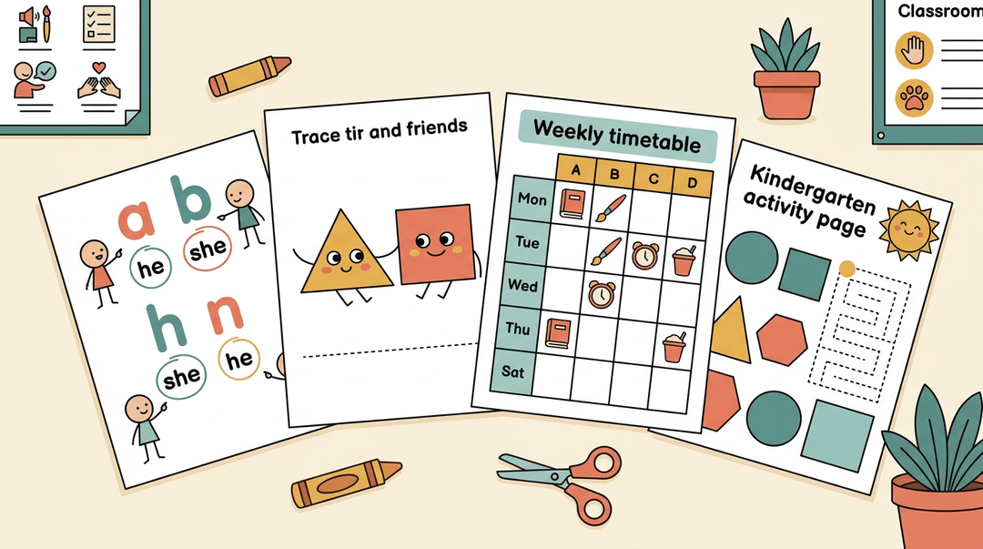 A top-down view of a tidy desktop with four fanned-out worksheets on grammar, shapes, schedule, and activities.