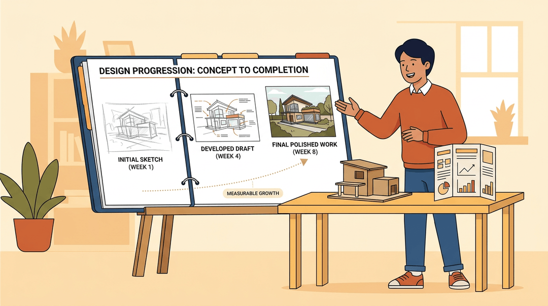 A student presents a portfolio with a rough sketch, a draft, and a final piece, showing artistic growth.
