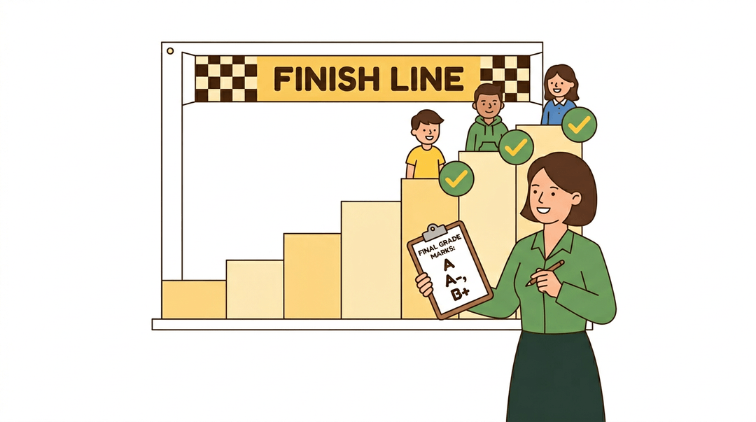 A teacher with a clipboard stands by a progress chart, where three student markers have reached the finish line.