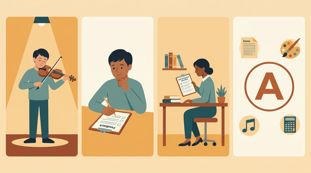 Four panels show a student playing violin, a student filling a form, a teacher reviewing a checklist, and a large letter