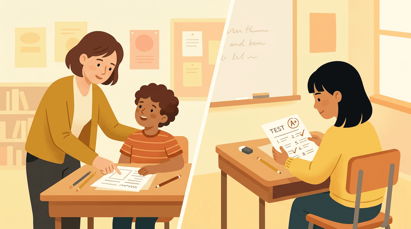 A split image shows a teacher giving a student feedback and a student alone at a desk with a graded test.