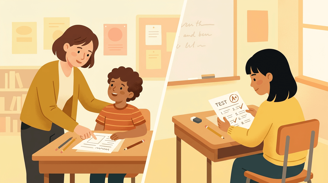 A split image shows a teacher giving a student feedback and a student alone at a desk with a graded test.