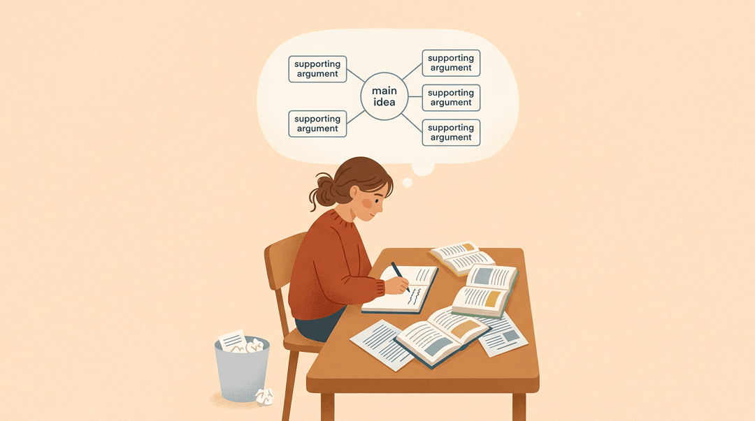 A student at a wooden desk, surrounded by open books, writes in a notebook with a thought bubble of an outline above.
