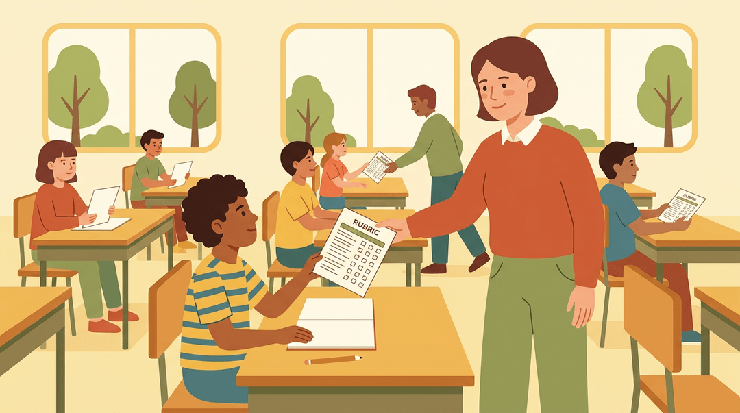 A teacher hands a student a rubric in a bright classroom, with other students receiving rubrics in the background.