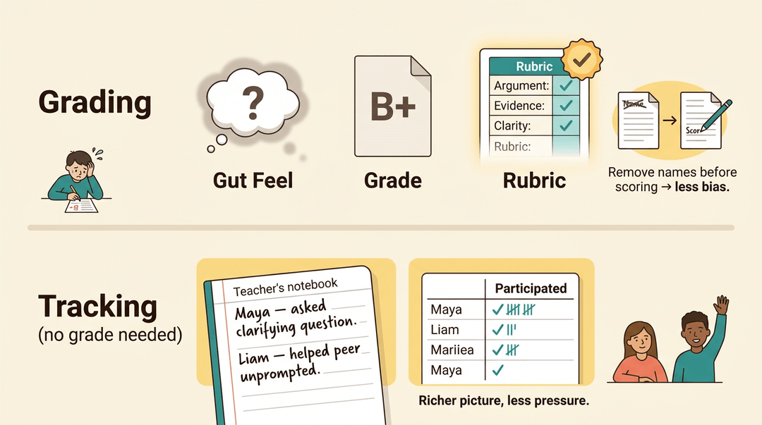 An illustration contrasts grading methods with a rubric and blind scoring versus gut feeling and simple letter grades, and how tracking participation through notes and tallies offers a richer picture of students.