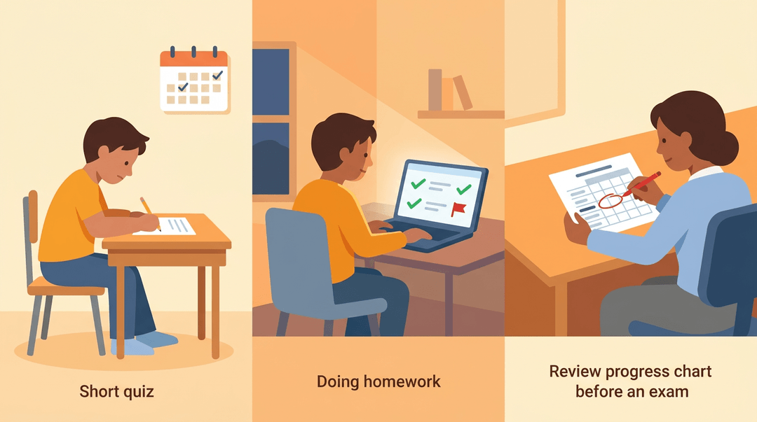 A timeline shows a student taking a paper quiz, then completing an online quiz, and finally a teacher reviewing a progress chart.