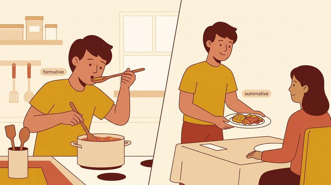 A split scene depicts a person tasting food from a spoon labeled