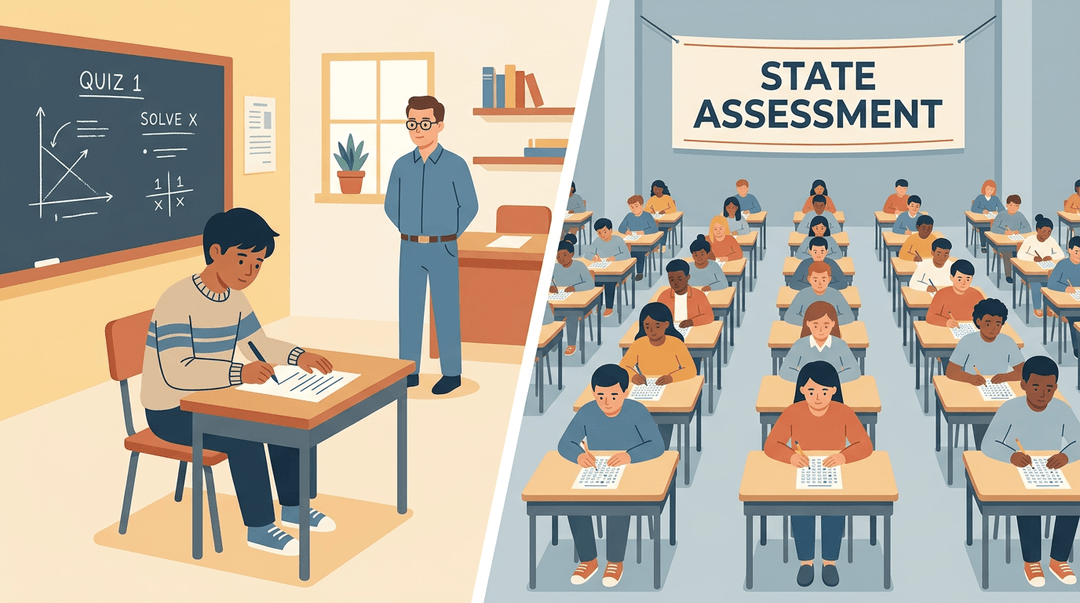 Split scene: a student taking a test in a cozy classroom and many students in a large testing hall.