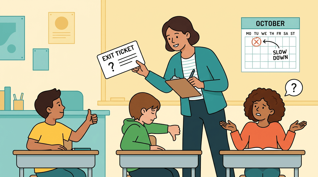 A teacher holds an exit ticket while three students give thumbs-up, thumbs-down, and a shrug with a question mark.
