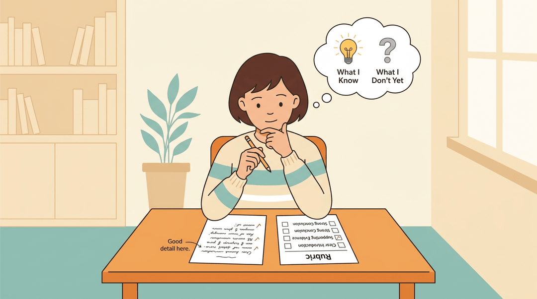 A student thoughtfully reviews a classmate's paper and a rubric, with thought bubbles showing a lightbulb and question mark.