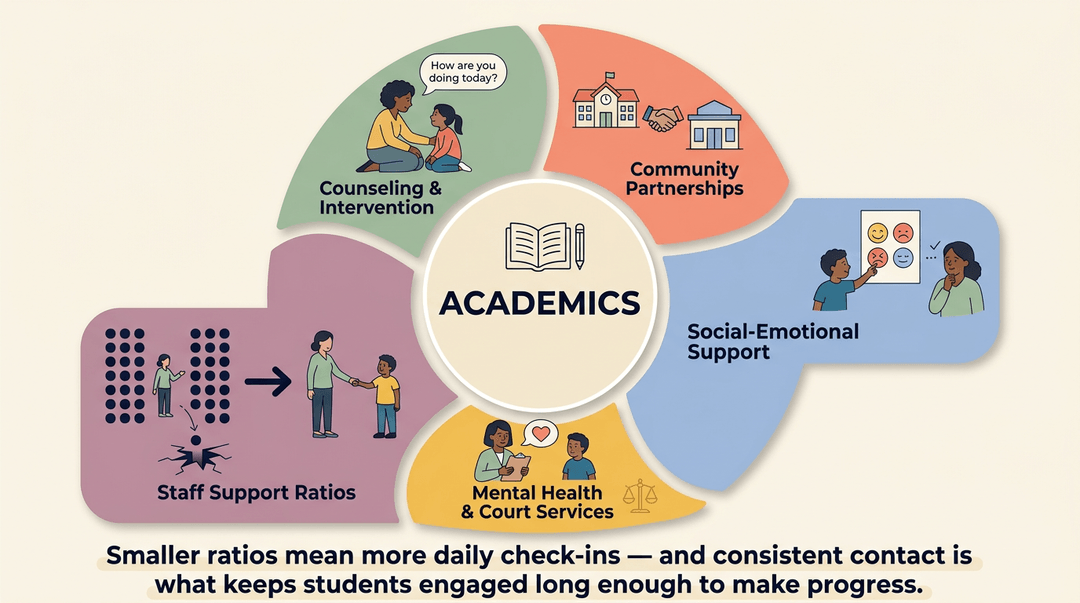 Infographic showing academics supported by counseling, community, social-emotional health, mental health services, and improved staff ratios.