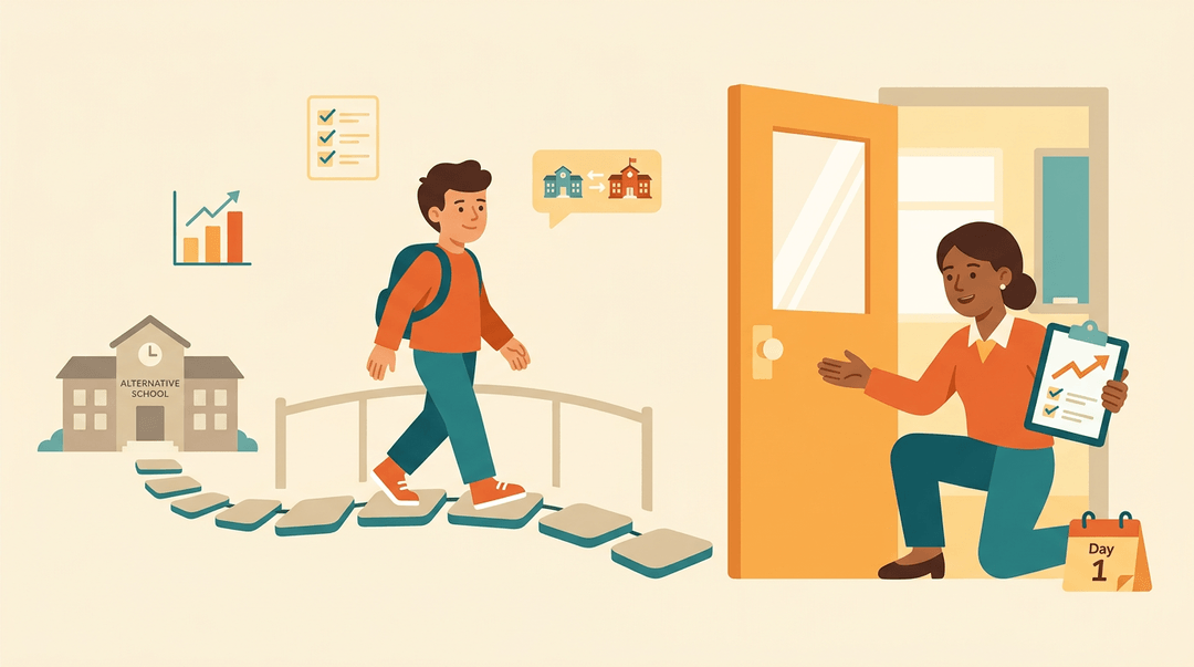A student walks across stepping stones toward a welcoming teacher in a bright classroom, symbolizing a positive return to school.
