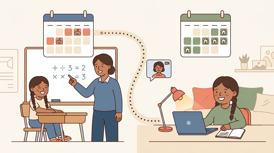 A girl alternates between classroom and home learning, connected by a timeline showing flexible hybrid schedule days.