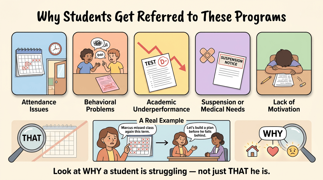 Illustration showing five student referral triggers and a workflow to identify underlying causes rather than just symptoms.