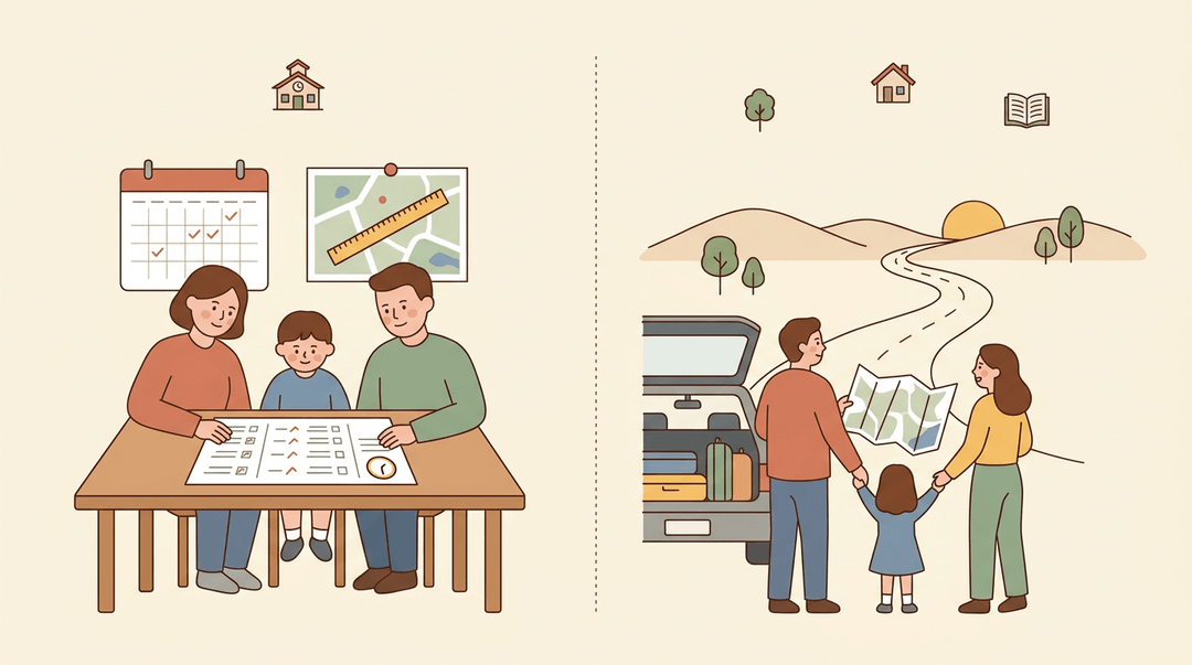 Two families contrast structured study with spontaneous travel, symbolizing different educational paths.