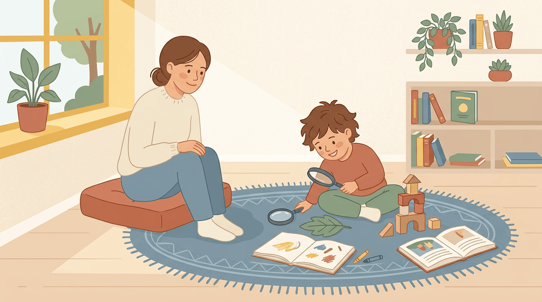 Child explores activities on a rug while adult watches calmly in a sunlit, unstructured learning space.