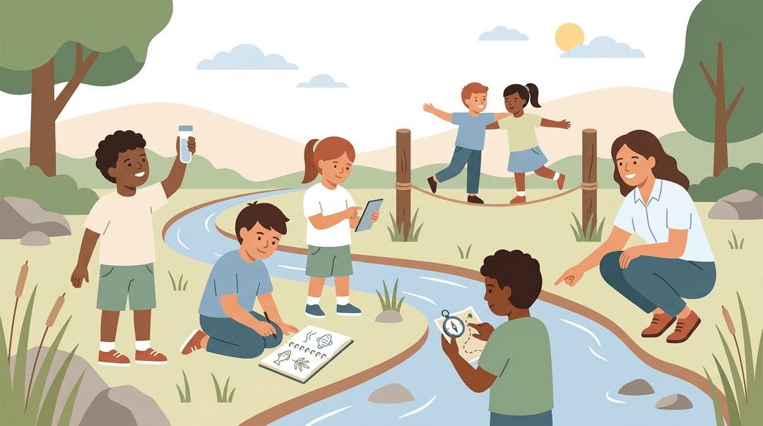 Diverse elementary students explore a creek with water samples, sketches, and compasses while a teacher guides them in this flat vector illustration.