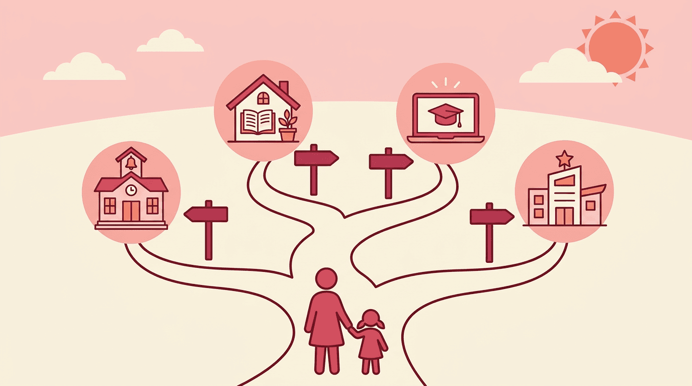 A parent and child choose from four educational paths: public school, homeschool, online learning, or private school.