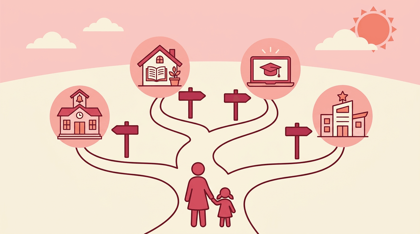A parent and child choose from four educational paths: public school, homeschool, online learning, or private school.