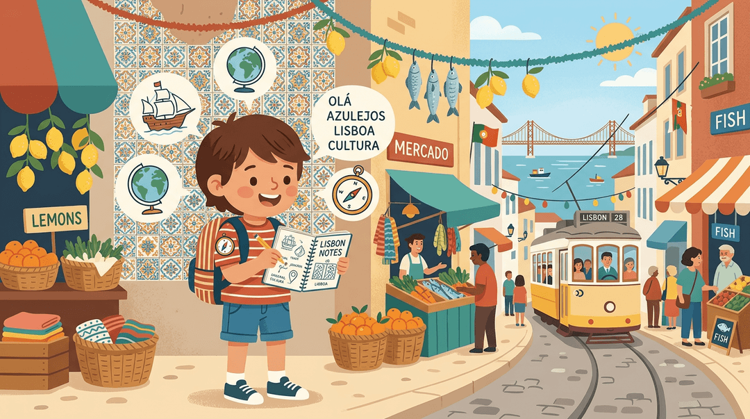 Child sketching azulejo tiles in a Lisbon market with doodles of ships and compasses.