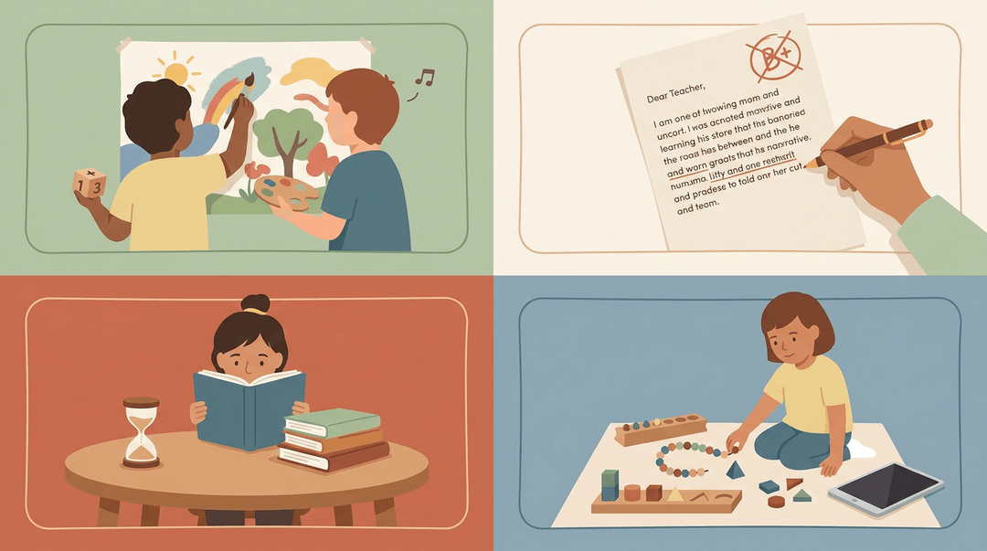 Four scenes show blended arts and academics, narrative feedback, extended reading time, and hands-on learning in a Montessori classroom.