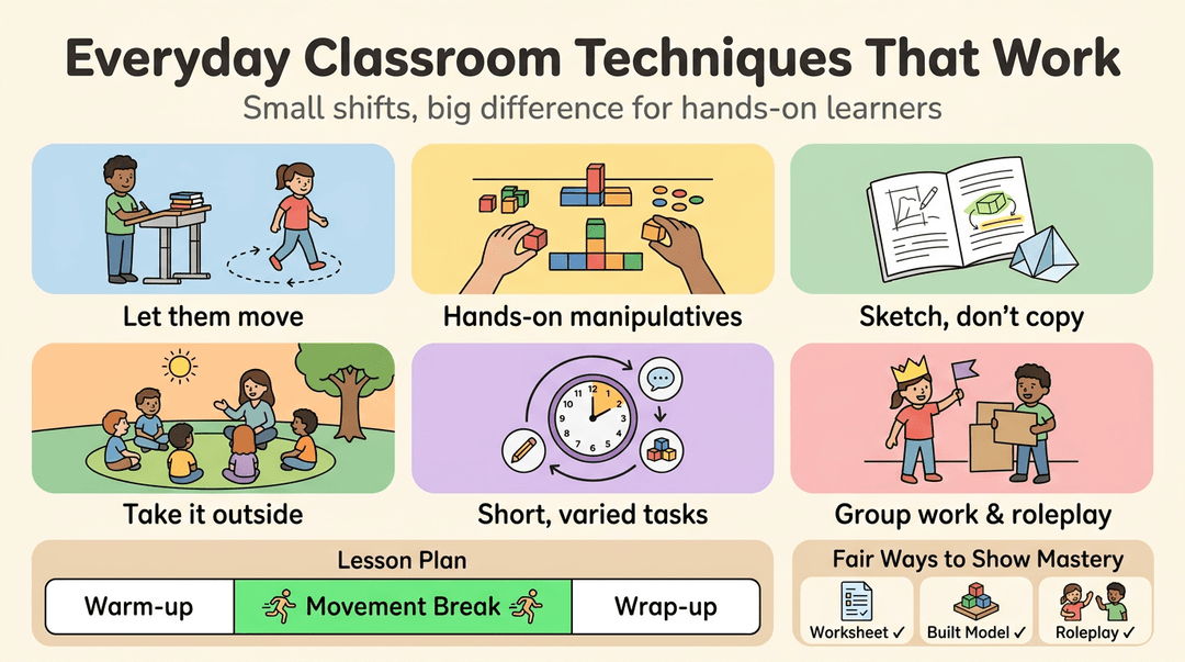 Infographic showing 6 classroom techniques for hands-on learners and a sample lesson plan with movement breaks.